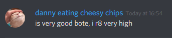 A testimonial for MarriageBot. Reads 'is very good bote, i r8 very high'.